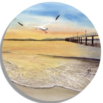 Untersetzer Glasuntersetzer rund 9,5 cm  Sonnenuntergang Strand Aquarell Maritim Kunst Druck Kunstdruck Dänemark Nordsee Düne Dünen Meer Möwe Ostsee