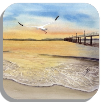 Untersetzer Glasuntersetzer 9,5 x 9,5 cm Sonnenuntergang Strand Aquarell Maritim Kunst Druck Kunstdruck Dänemark Nordsee Düne Dünen Meer Möwe Ostsee