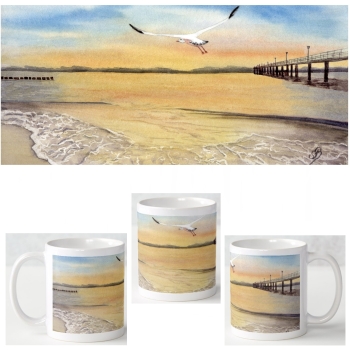 Tasse Becher Kaffeebecher Sonnenuntergang Strand Aquarell Maritim Kunst Druck Kunstdruck Dänemark Nordsee Düne Dünen Meer Möwe Ostsee