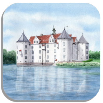 Untersetzer Glasuntersetzer 9,5 x 9,5 cm  Aquarell Maritim Kunst Druck Kunstdruck Ostsee - SchLoss Glücksburg Flensburg