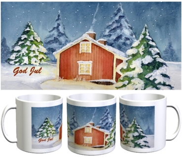 Tasse Becher Kaffeebecher Aquarell Kunst Druck Kunstdruck Schweden Sweden Sverige Haus im Winter Winterhaus Schnee Wald