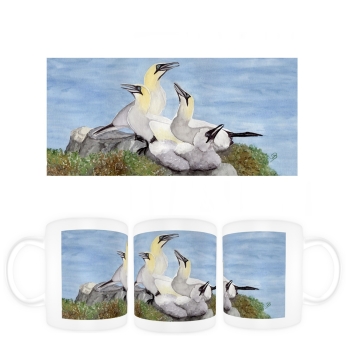 Tasse Becher Kaffeebecher Aquarell Maritim Kunst Druck Kunstdruck Nordsee Insel Helgoland Basstölpel Vögel Lange Anna Felsen
