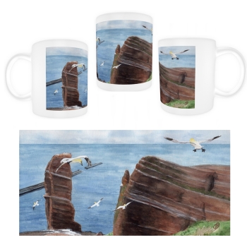 Tasse Becher Kaffeebecher Aquarell Maritim Kunst Druck Kunstdruck Nordsee Insel Helgoland Basstölpel Vögel Lange Anna Felsen
