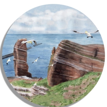 Untersetzer Glasuntersetzer rund 9,5 cm Aquarell Maritim Kunst Druck Kunstdruck Nordsee Insel Helgoland Basstölpel Vögel Lange Anna Felsen