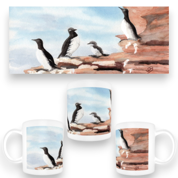Tasse Becher Kaffeebecher Aquarell Maritim Kunst Druck Kunstdruck Nordsee Insel Helgoland Trottellumme