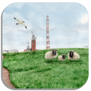 Untersetzer Glasuntersetzer 9,5 x 9,5 cm Aquarell Maritim Kunst Druck Kunstdruck Nordsee Insel Helgoland Leuchtturm Strand Düne