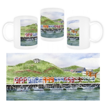 Tasse Becher Kaffeebecher  Aquarell Maritim Kunst Druck Kunstdruck Nordsee Insel Helgoland Hummerbuden Lange Anna Felsen Hafen Shops