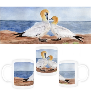 Tasse Becher Kaffeebecher Aquarell Maritim Kunst Druck Kunstdruck Nordsee Insel Helgoland Basstölpel Vögel Lange Anna Felsen