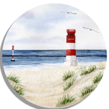 Untersetzer Glasuntersetzer rund 9,5 cm Aquarell Maritim Kunst Druck Kunstdruck Nordsee Insel Helgoland Leuchtturm Strand Düne