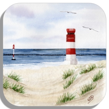 Untersetzer Glasuntersetzer 9,5 x 9,5 cm Aquarell Maritim Kunst Druck Kunstdruck Nordsee Insel Helgoland Leuchtturm Strand Düne