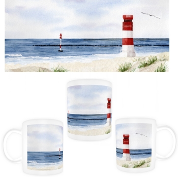 Tasse Becher Kaffeebecher Aquarell Maritim Kunst Druck Kunstdruck Nordsee Insel Helgoland Robbe Seehund Leuchtturm Strand Düne