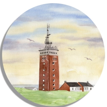 Untersetzer Glasuntersetzer rund 9,5 cm Aquarell Maritim Kunst Druck Kunstdruck Nordsee Insel Helgoland Leuchtturm Strand Düne