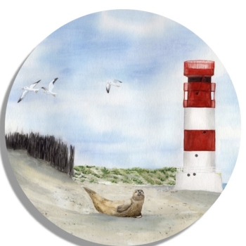 Untersetzer Glasuntersetzer rund 9,5 cm Aquarell Maritim Kunst Druck Kunstdruck Nordsee Insel Helgoland Robbe Seehund Leuchtturm Strand Düne