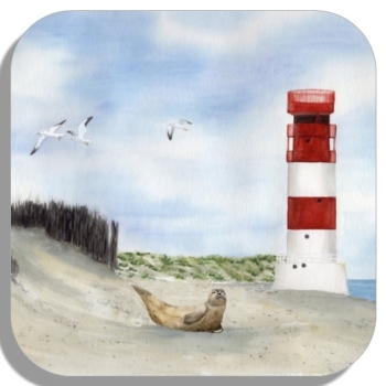 Untersetzer Glasuntersetzer 9,5 x 9,5 cm Aquarell Maritim Kunst Druck Kunstdruck Nordsee Insel Helgoland Robbe Seehund Leuchtturm Strand Düne