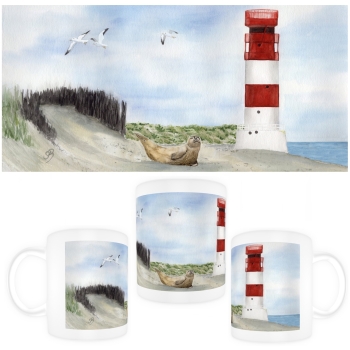 Tasse Becher Kaffeebecher Aquarell Maritim Kunst Druck Kunstdruck Nordsee Insel Helgoland Robbe Seehund Leuchtturm Strand Düne