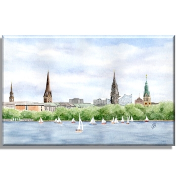 Leinwand 30 x 20 cm Keilrahmen Canvas-Leinen Aquarell Maritim Kunst Druck Kunstdruck Nordsee Hamburg - Binnenalster - Kleiner Binnensee - HH1