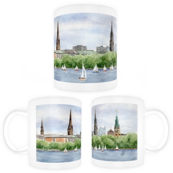 Tasse Becher Kaffeebecher Aquarell Maritim Kunst Druck Kunstdruck Nordsee Hamburg - Binnenalster - Kleiner Binnensee - HH1