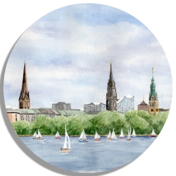 Untersetzer Glasuntersetzer rund 9,5 cm Aquarell Maritim Kunst Druck Kunstdruck Nordsee Hamburg - Binnenalster - Kleiner Binnensee - HH1