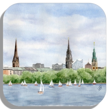 Untersetzer Glasuntersetzer 9,5 x 9,5 cm Aquarell Maritim Kunst Druck Kunstdruck Nordsee Föhr Hamburg - Binnenalster - Kleiner Binnensee - HH1