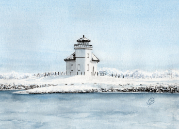 Postkarte DIN-A6 Aquarell Maritim Kunst Druck Kunstdruck  Leuchtfeuer Juelssand Elbe Hamburg - HH10