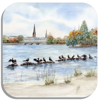 Untersetzer Glasuntersetzer 9,5 x 9,5 cm Aquarell Maritim Kunst Druck Kunstdruck Nordsee Föhr Hamburg - Binnenalster - Kleiner Binnensee - HH1