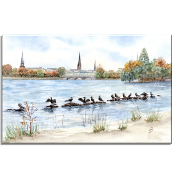 Leinwand 30 x 20 cm Keilrahmen Canvas-Leinen Aquarell Maritim Kunst Druck Kunstdruck Nordsee Hamburg - Binnenalster - Kleiner Binnensee - HH1