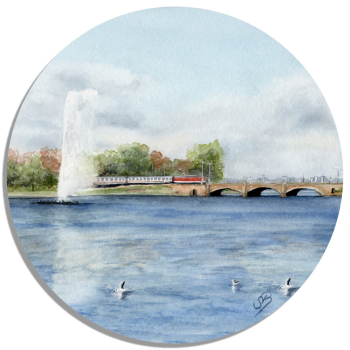 Coasters glass coasters 9,5 x  9,5 cm Watercolor Maritime Art Print North Sea Hamburg - Inner Alster - Small Inland Lake - HH1
