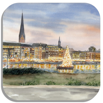 Coasters glass coasters 9,5 x  9,5 cm  Watercolor Maritime Art Print Hamburg Main Church St. Michaelis Michel Christmas HH7