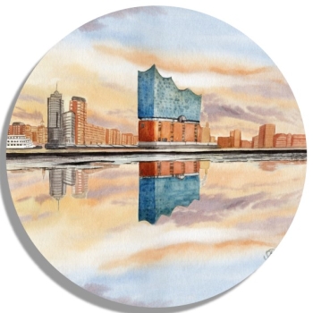 Untersetzer Glasuntersetzer rund 9,5 cm Aquarell Maritim Kunst Druck Kunstdruck Nordsee Hamburg Alster Elbphilharmonie - HH2