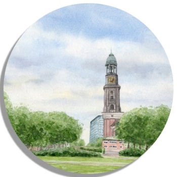 Untersetzer Glasuntersetzer rund 9,5 cm Aquarell Maritim Kunst Druck Kunstdruck Hamburg Hauptkirche St. Michaelis Michel HH4