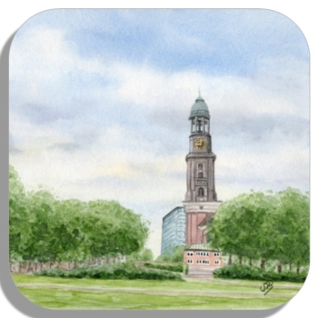 Untersetzer Glasuntersetzer 9,5 x 9,5 cm Aquarell Maritim Kunst Druck Kunstdruck Hamburg Hauptkirche St. Michaelis Michel HH4