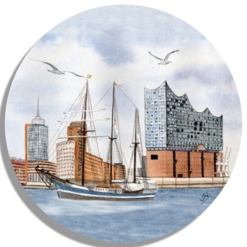 Untersetzer Glasuntersetzer rund 9,5 cm Aquarell Maritim Kunst Druck Kunstdruck Nordsee Hamburg Segelschiff Elbphilharmonie - HH5