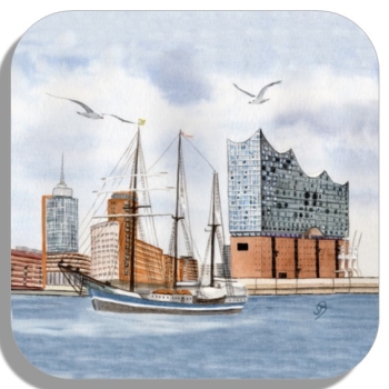 Untersetzer Glasuntersetzer 9,5 x 9,5 cm Aquarell Maritim Kunst Druck Kunstdruck Nordsee Hamburg Segelschiff Elbphilharmonie - HH5