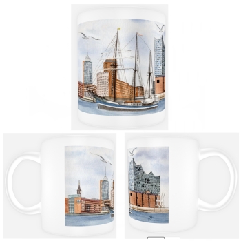 Tasse Becher Kaffeebecher Aquarell Maritim Kunst Druck Kunstdruck Nordsee Hamburg Segelschiff Elbphilharmonie - HH5