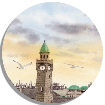 Untersetzer Glasuntersetzer rund 9,5 cm Aquarell Maritim Kunst Druck Kunstdruck Landungsbrücken Hamburg - HH6