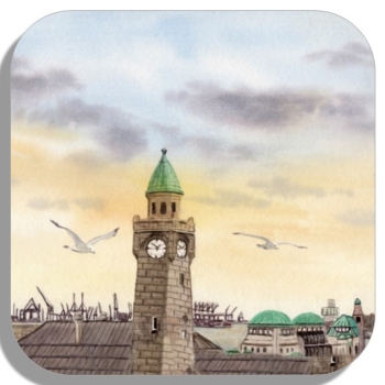 Untersetzer Glasuntersetzer 9,5 x 9,5 cm Aquarell Maritim Kunst Druck Kunstdruck Landungsbrücken Hamburg - HH6