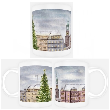 Tasse Becher Kaffeebecher Aquarell Maritim Kunst Druck Kunstdruck Hamburg Hauptkirche St. Michaelis Michel Weihnachten HH7