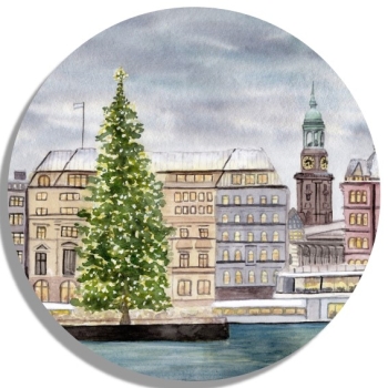 Untersetzer Glasuntersetzer rund 9,5 cm Aquarell Maritim Kunst Druck Kunstdruck Hamburg Hauptkirche St. Michaelis Michel Weihnachten HH7