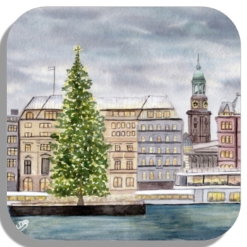 Untersetzer Glasuntersetzer 9,5 x 9,5 cm Aquarell Maritim Kunst Druck Kunstdruck Hamburg Hauptkirche St. Michaelis Michel Weihnachten HH7