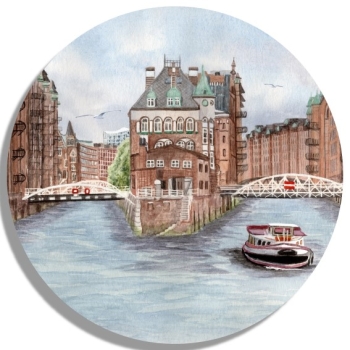 Untersetzer Glasuntersetzer rund 9,5 cm Aquarell Maritim Kunst Druck Kunstdruck Hamburg-Speicherstadt - HH9