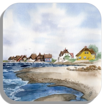 Untersetzer Glasuntersetzer 9,5 x 9,5 cm  Aquarell Maritim Kunst Druck Kunstdruck Ostsee Heiligenhafen Insel Fehmarn Strand Meer Dünen