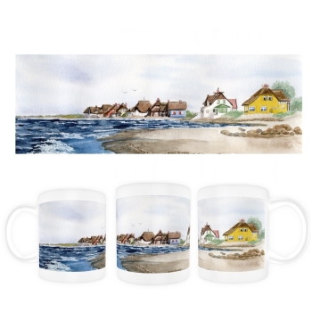 Tasse Becher Kaffeebecher  Aquarell Maritim Kunst Druck Kunstdruck Ostsee Heiligenhafen Insel Fehmarn Strand Meer Dünen