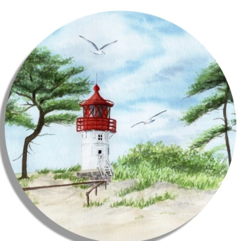 Untersetzer Glasuntersetzer rund 9,5 cm   Aquarell Maritim Kunst Druck Kunstdruck Ostsee Kleiner Leuchtturm Hiddensee Rügen Strand Dünen