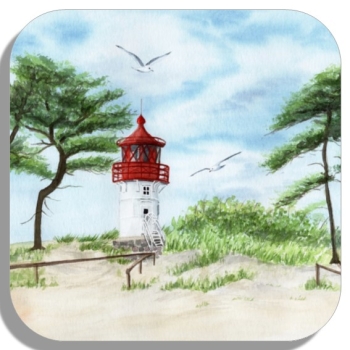 Untersetzer Glasuntersetzer 9,5 x 9,5 cm  Aquarell Maritim Kunst Druck Kunstdruck Ostsee Kleiner Leuchtturm Hiddensee Rügen Strand Dünen