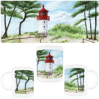 Tasse Becher Kaffeebecher Aquarell Maritim Kunst Druck Kunstdruck Ostsee Kleiner Leuchtturm Hiddensee Rügen Strand Dünen