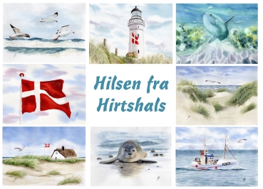 Folienmagnet Aquarell Maritim Kunst Druck Kunstdruck Nordsee Dänemark Danmark   Hirtshals Dünen Leuchtturm Strand Seehund