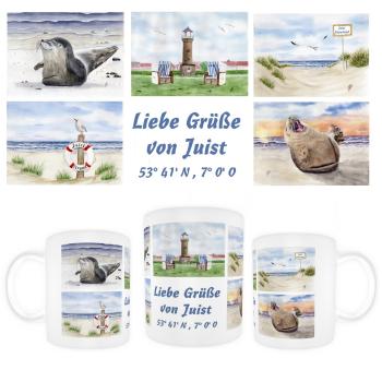 Tasse Becher Kaffeebecher Aquarell Maritim Kunst Druck Kunstdruck Nordsee Strandkorb Leuchtturm Insel Juist Meer Strand Dünen