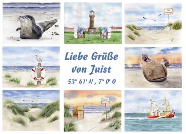 Folienmagnet  Aquarell Maritim Kunst Druck Kunstdruck Nordsee Strandkorb Leuchtturm Insel Juist Meer Strand Dünen