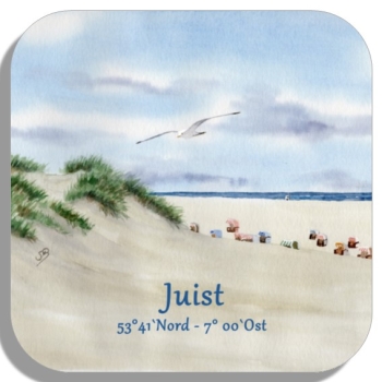 Untersetzer Glasuntersetzer 9,5 x 9,5 cm Aquarell Kunst Druck Kunstdruck Strandkorb Sonnenuntergang Nordsee Insel Juist - Strandkorbe am Strand - Juist 8