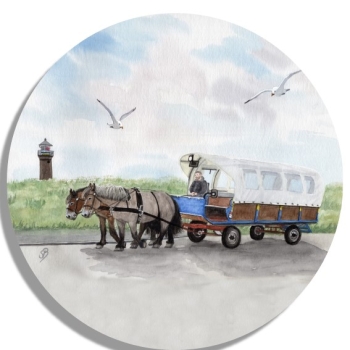 Untersetzer Glasuntersetzer rund 9,5 cm Aquarell Maritim Kunst Druck Kunstdruck Nordsee Juist  Leuchtturm Insel Pferdekutsche mit Pferdekutsche